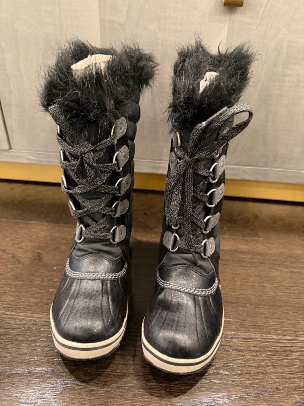 Sorel Black Faux-Fur Lace-Up Youth Tofino 2 Waterproof Boots Size 2